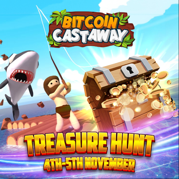 Shark attack on game character on wooden boat with treasure trunk